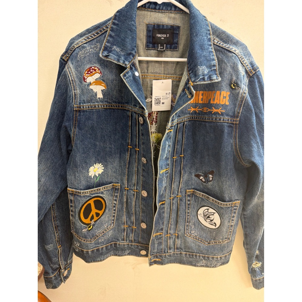 Forever 21 Men Denim Jacket Inner Peace Mushroom Embroidered Blue Distressed M